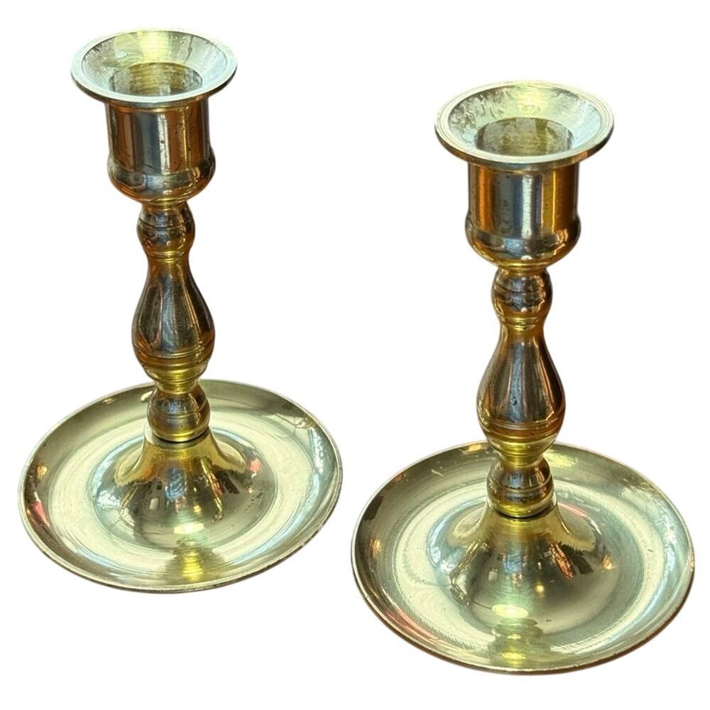 Vintage Brass Candlesticks Pair Round Base Baluster Made in Japan Taper Holder